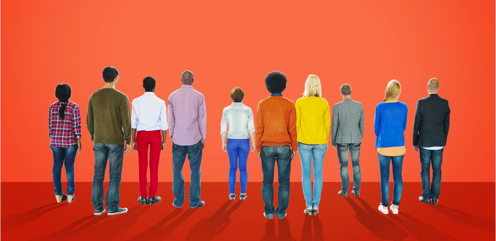 group of people against red background