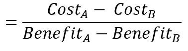 Cost benefit ratio formula equals Cost A minus Cost B, over Benefit A minus Benefit B