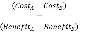 net benefit formula equals Cost A less Cost B, and then minus the results of Benefit A minus Benefit B from that.