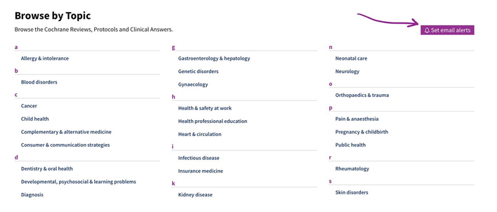 Screenshot of where to click to set up email alerts on the Cochrane Library.