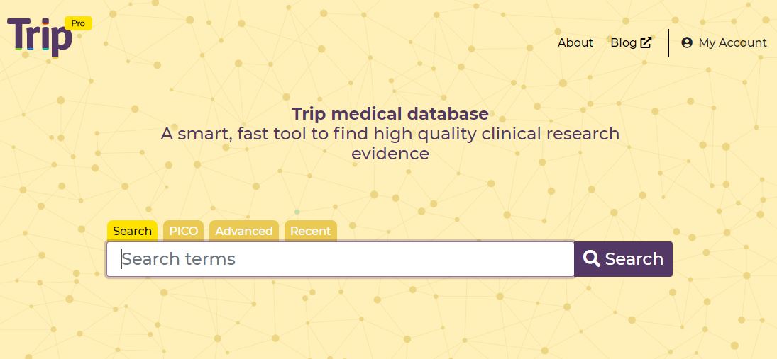 Homepage of Trip medical database is shown in this image. A smart, fast tool to find high quality clinical research evidence. Search box is shown, with tabs of 'Search, PICO, ADvanced, and Rcent'. 