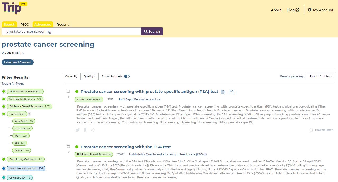 Image of a search result shown in this image. The search carried out was 'Prostate cancer Screening'. There are 2 results shown on this page, with a list of categories on the left hand side showing how you could filter your results. The categories shown in the menu are: all secondary evidence, systematic reviews, evidence based synopses, guidelines (which is further filtered by countries), primary research and clinical Q&A