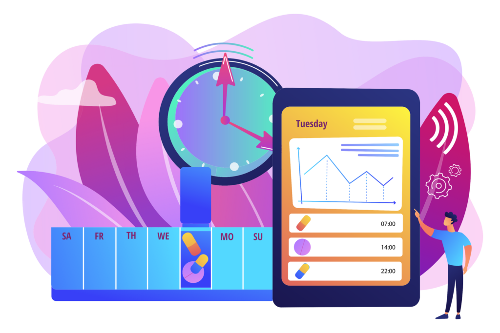 Vibrant illustration of a smart digital pillbox to illustrate setting medication reminders/schedules